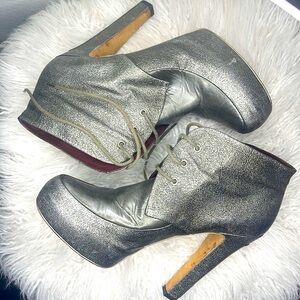 CHANEL spiked high heeled lace up booties gun metal with spikes